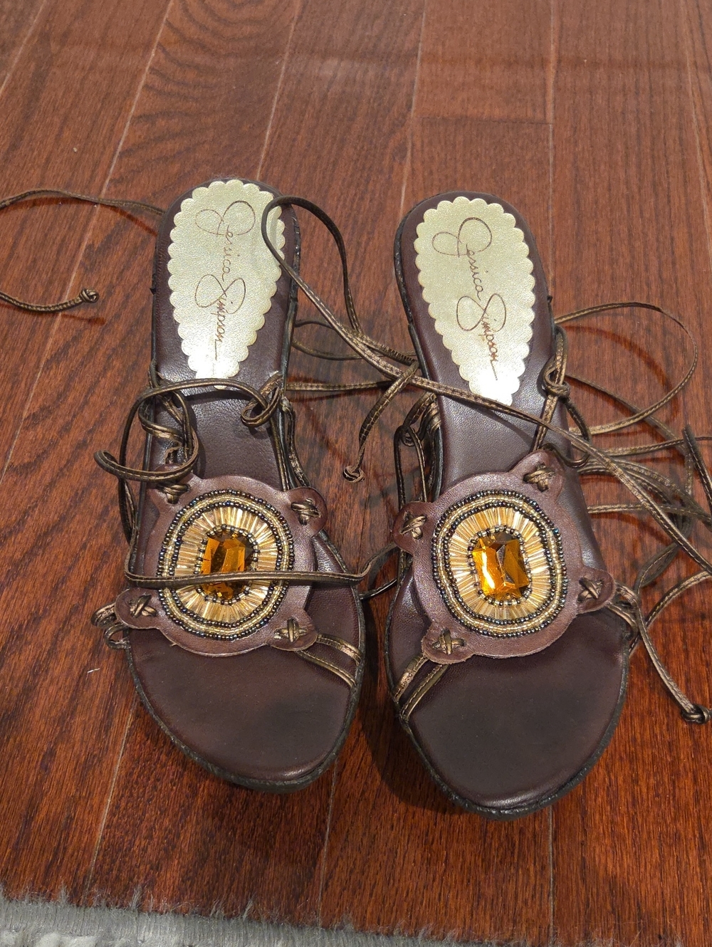 Jessica Simpson Brown Wedge Sandals with Amber Gem Accent